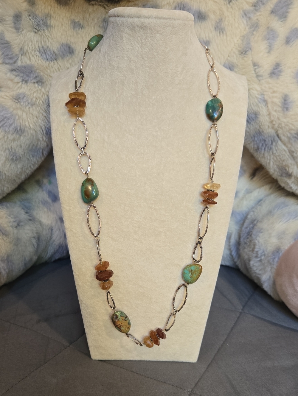 Silpada 925,Silver Link Necklace with Green Turquoise and Amber Beads